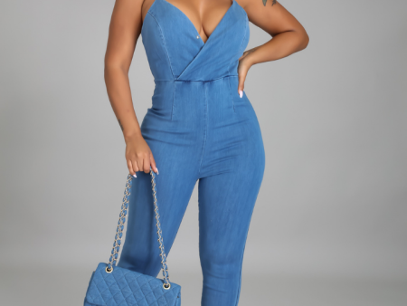 Lovie Back Cutout Front Wrap Denim Jumpsuit Online now