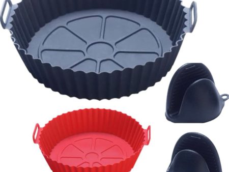 2-Pack Silicone Air Fryer Liners Reusable (8in red & 8.66in black) W  1 pair of Mitts Heat-Resistance, Silicone Air Fryer Basket replacement of Parchment Paper Fits 3-5QT (8in) & 5QT or above (8,66in) on Sale