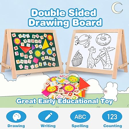 Wooden Tabletop Easel for Kid Toddler,Foldable Double Sided Kids Art Easel with Chalkboard Whiteboard with Magnetic Letter Numbers,Portable Desktop Drawing Board Education Toys T98 on Sale