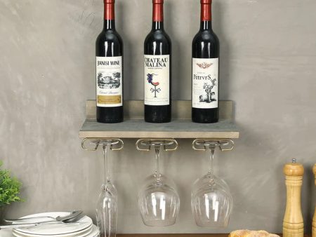 Wall Mounted Gray Wood Kitchen Floating Shelf with Brass Metal Wine Glass Stemware Holder Rack Supply