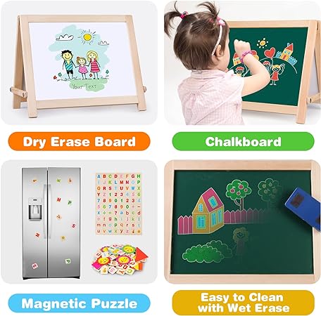 Wooden Tabletop Easel for Kid Toddler,Foldable Double Sided Kids Art Easel with Chalkboard Whiteboard with Magnetic Letter Numbers,Portable Desktop Drawing Board Education Toys T98 on Sale